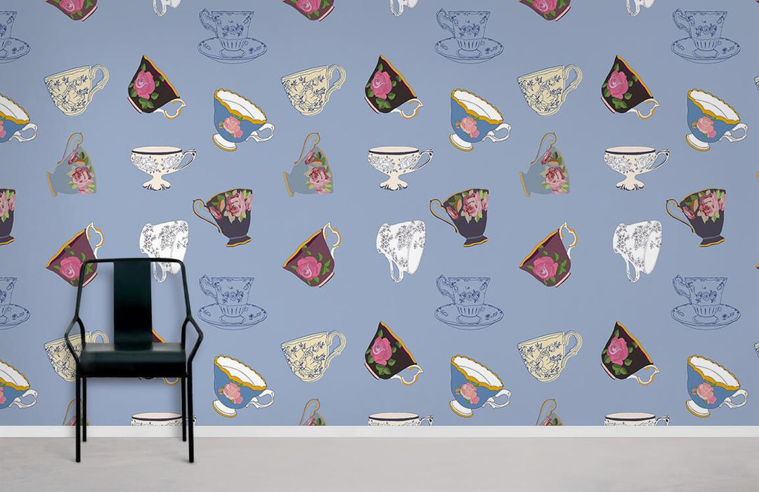 Vintage blue teacup floral wallpaper with chair; modern room, light grey flooring, sophisticated design.