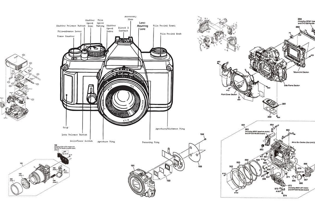 Vintage Camera Blueprint Mural Wallpaper - Black and White Industrial Design