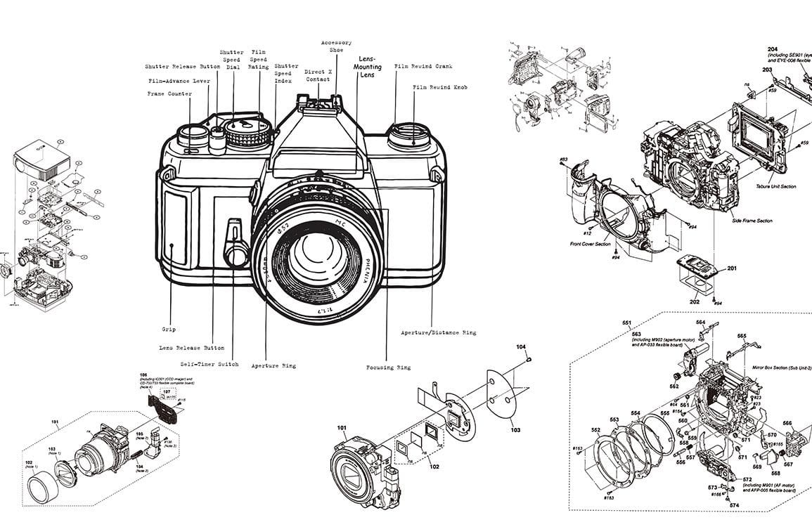 Vintage Camera Blueprint Mural Wallpaper - Black and White Industrial Design
