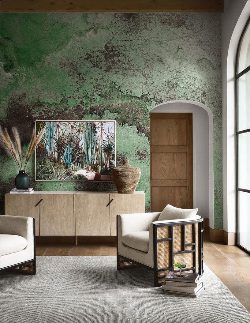 Emerald Green and Earthy Brown abstract mural wallpaper in a modern living room with armchairs.