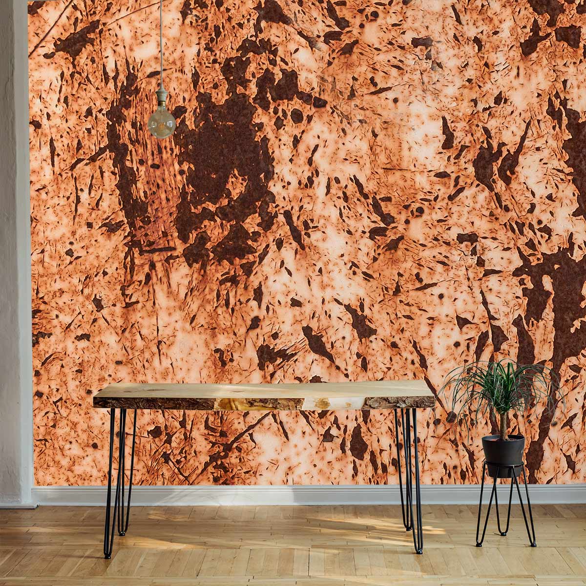 Rustic abstract mural wallpaper accentuating modern interior with wooden flooring and minimalist wooden table.