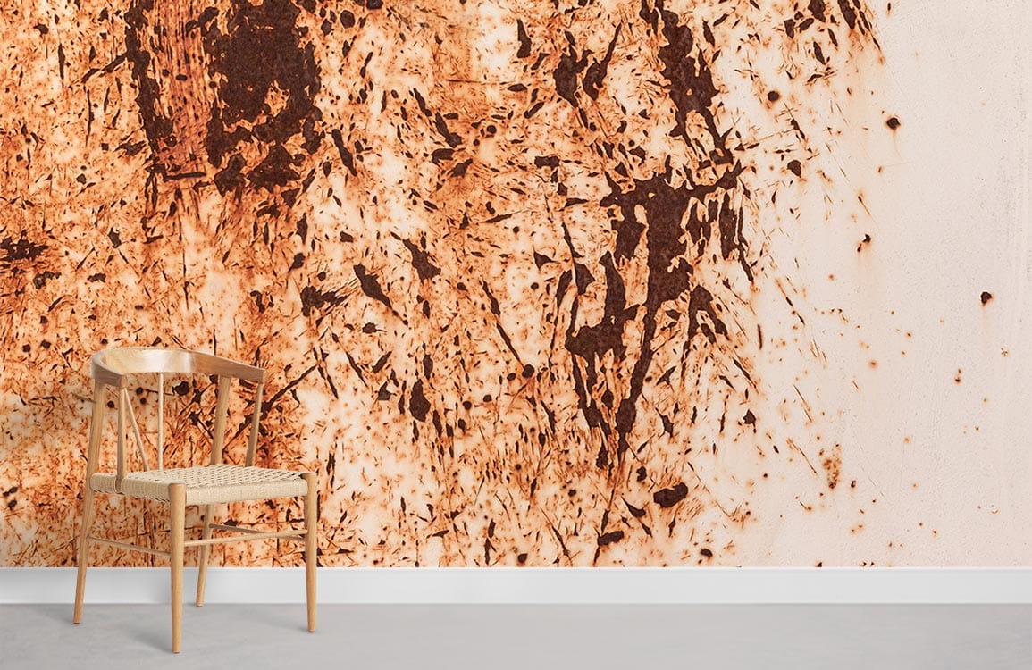 Rustic abstract mural wallpaper in brown and cream, modern minimalist chair, grey floor, contemporary interior.