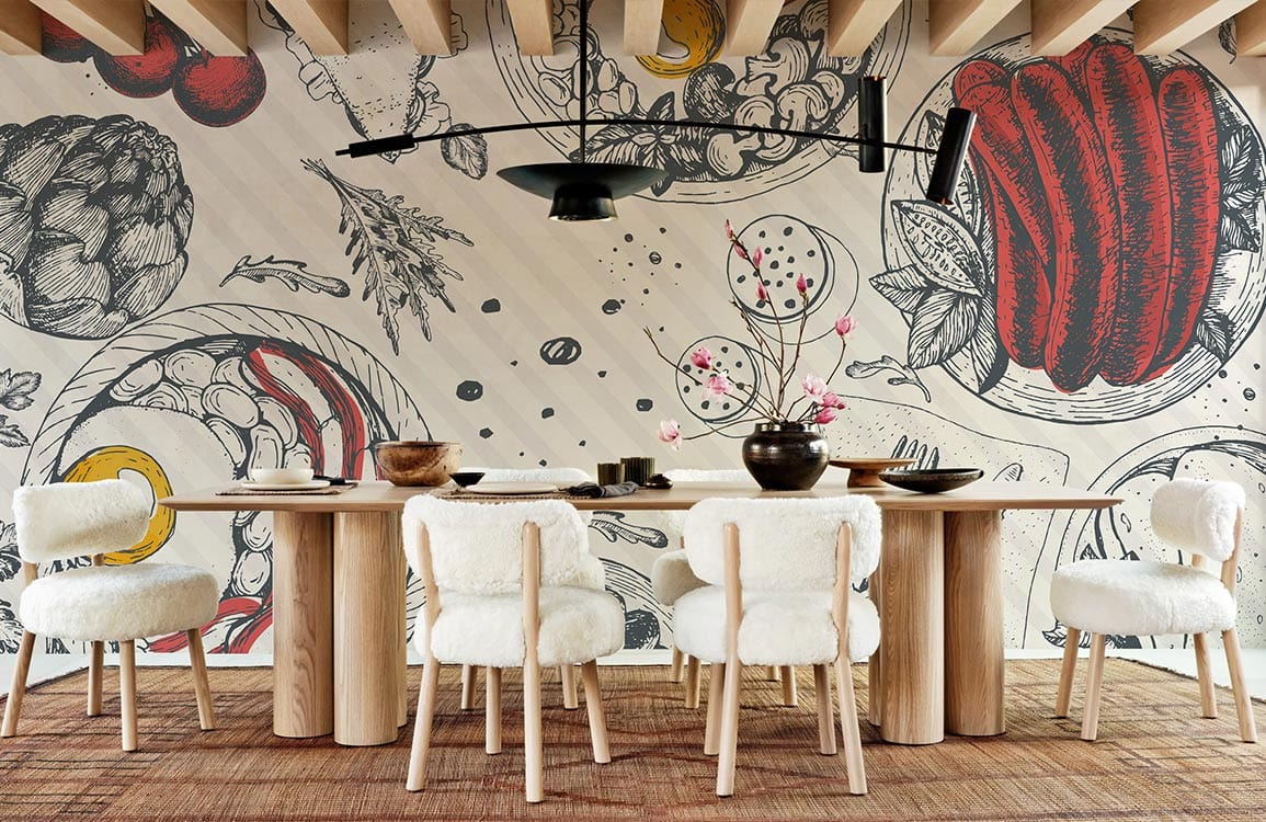 Gourmet Feast Sketch Wallpaper: Stylish kitchen decor with modern dining set, wooden beams, and textured rug.