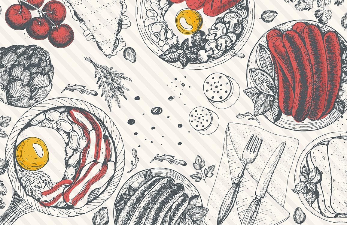 Gourmet Feast Sketch Wallpaper: Red, Black, White Kitchen Mural with breakfast-themed illustrations.