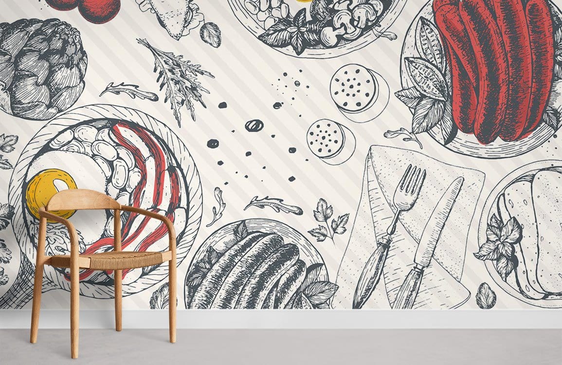 Gourmet Feast Sketch Wallpaper: Red, Black and White Kitchen Decor Mural