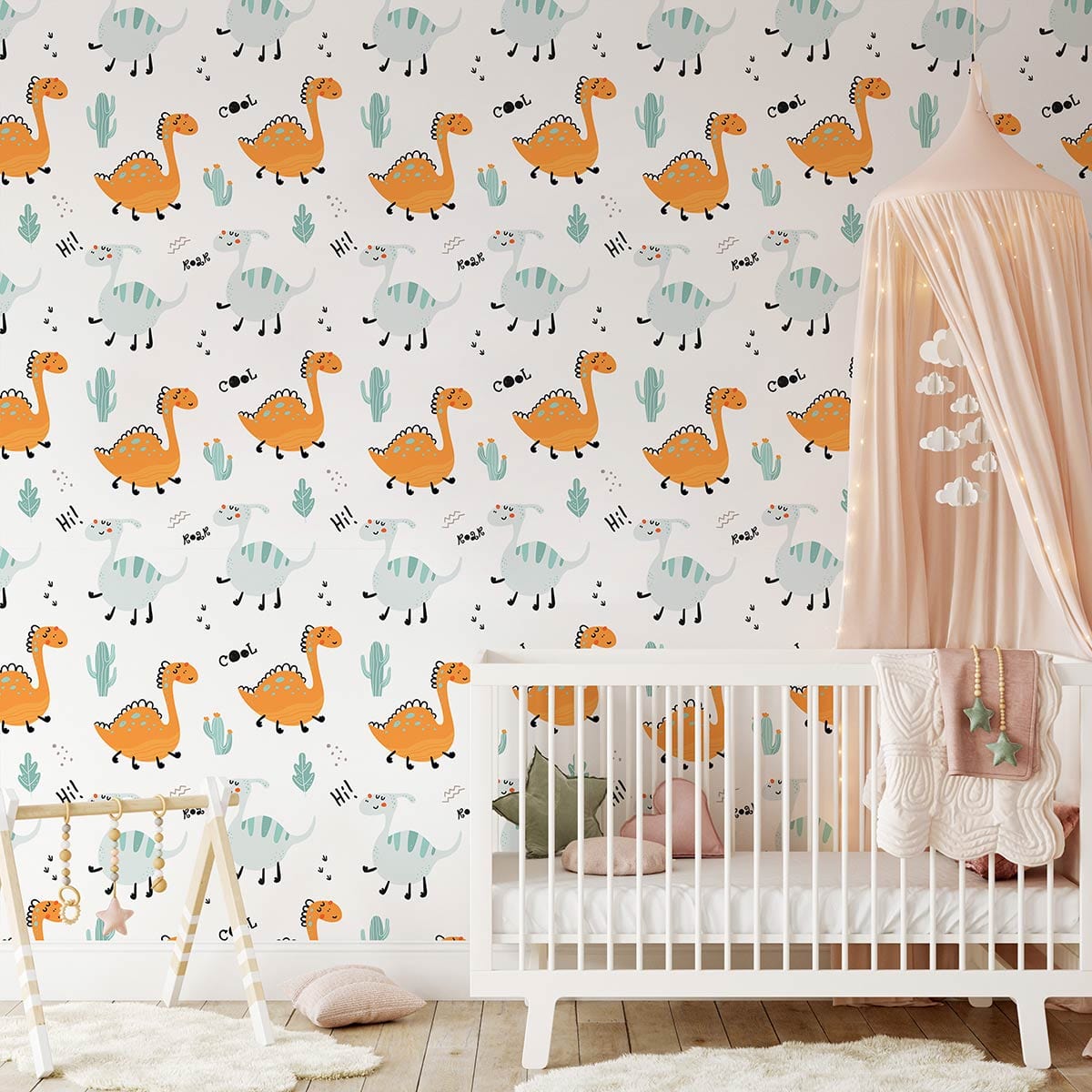 Adorable dinosaur wallpaper in child's room with white cot, canopy, and wooden flooring for playful decor.