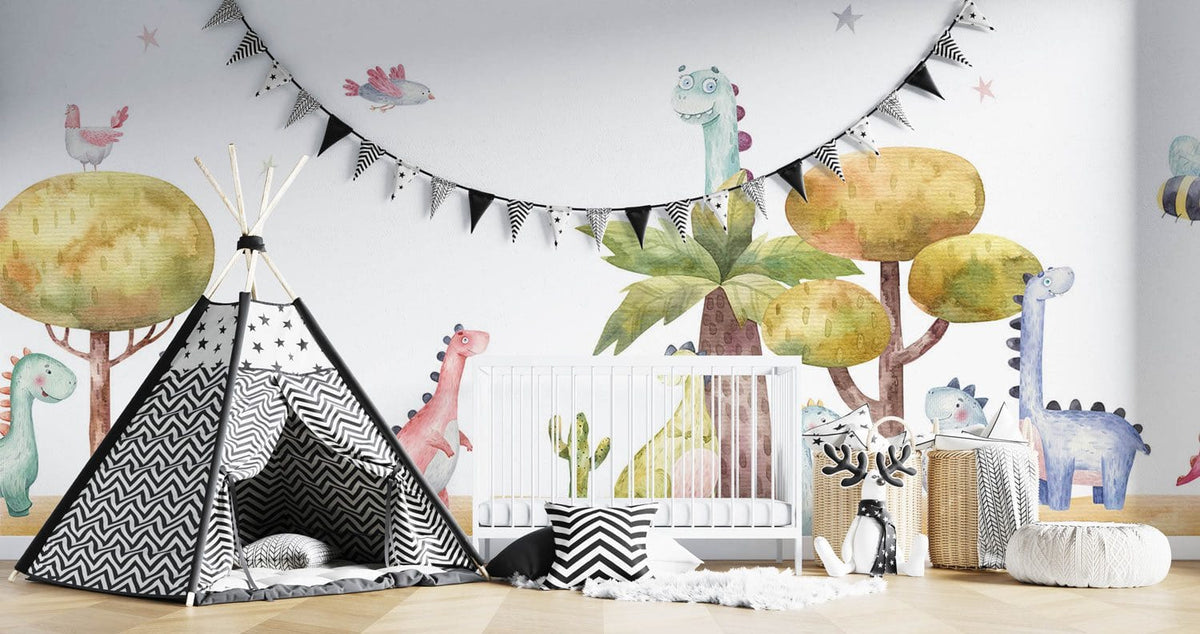 Whimsical dinosaurs mural with teepee and crib in colourful jungle-themed children's room, wooden flooring.