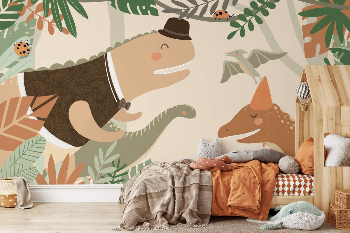 Charming dinosaur jungle adventure mural in earthy tones; wooden bed, cosy kids' room decor, light flooring.