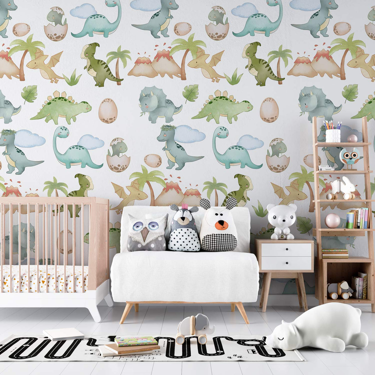 Dinosaur Adventure Kids' Mural Wallpaper nursery with pastel dinos, wooden crib, plush toys, playful decor.