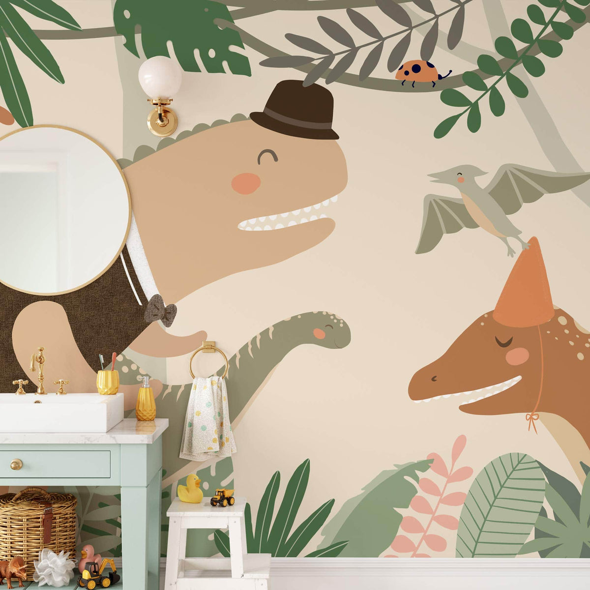 Charming dinosaur mural wallpaper; earthy tones, green dresser, children's room, whimsical jungle design, playful decor.