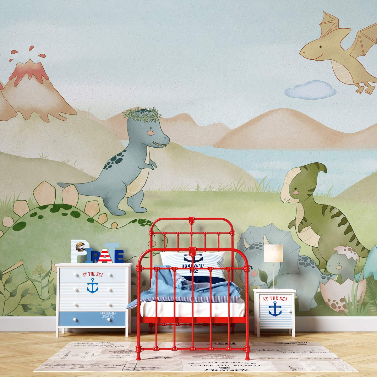 Charming pastel dinosaur mural wallpaper in children's room, featuring colourful bed, nautical dresser, wooden flooring.
