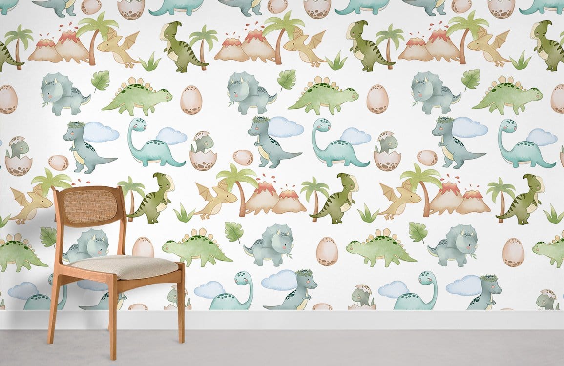 Playful pastel dinosaur kids' mural wallpaper in nursery with wooden chair and light grey flooring.
