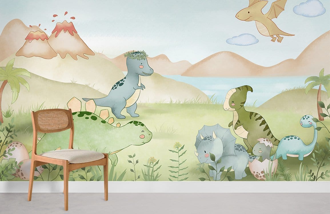 Charming pastel dinosaur children's mural wallpaper; playful nursery decor with chair, light grey flooring.