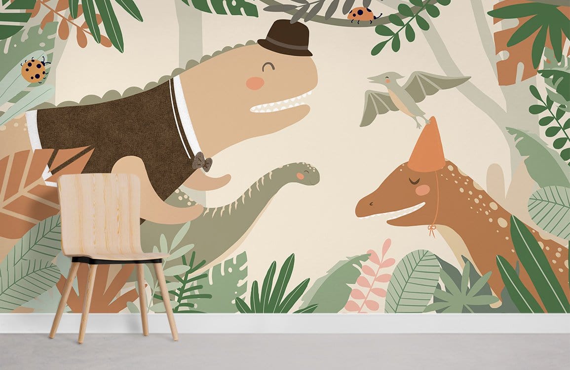 Charming Dinosaurs Jungle Adventure Mural Wallpaper for kids; earthy tones, pale flooring, light wooden chair.