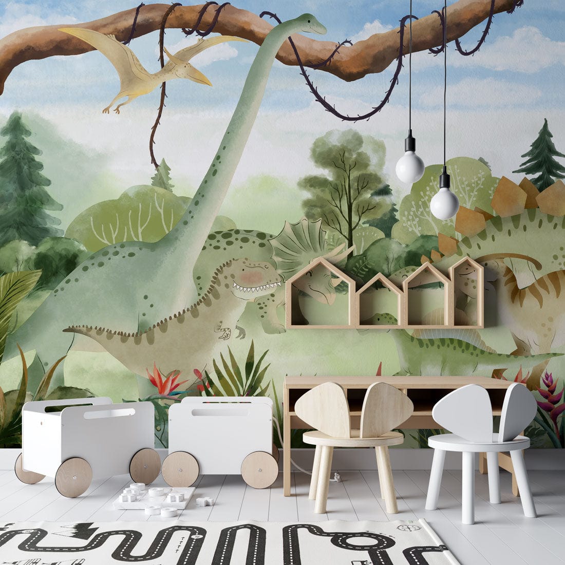 Enchanting Dinosaur Jungle Mural Wallpaper in kids' room with wooden furniture and playful decor elements.