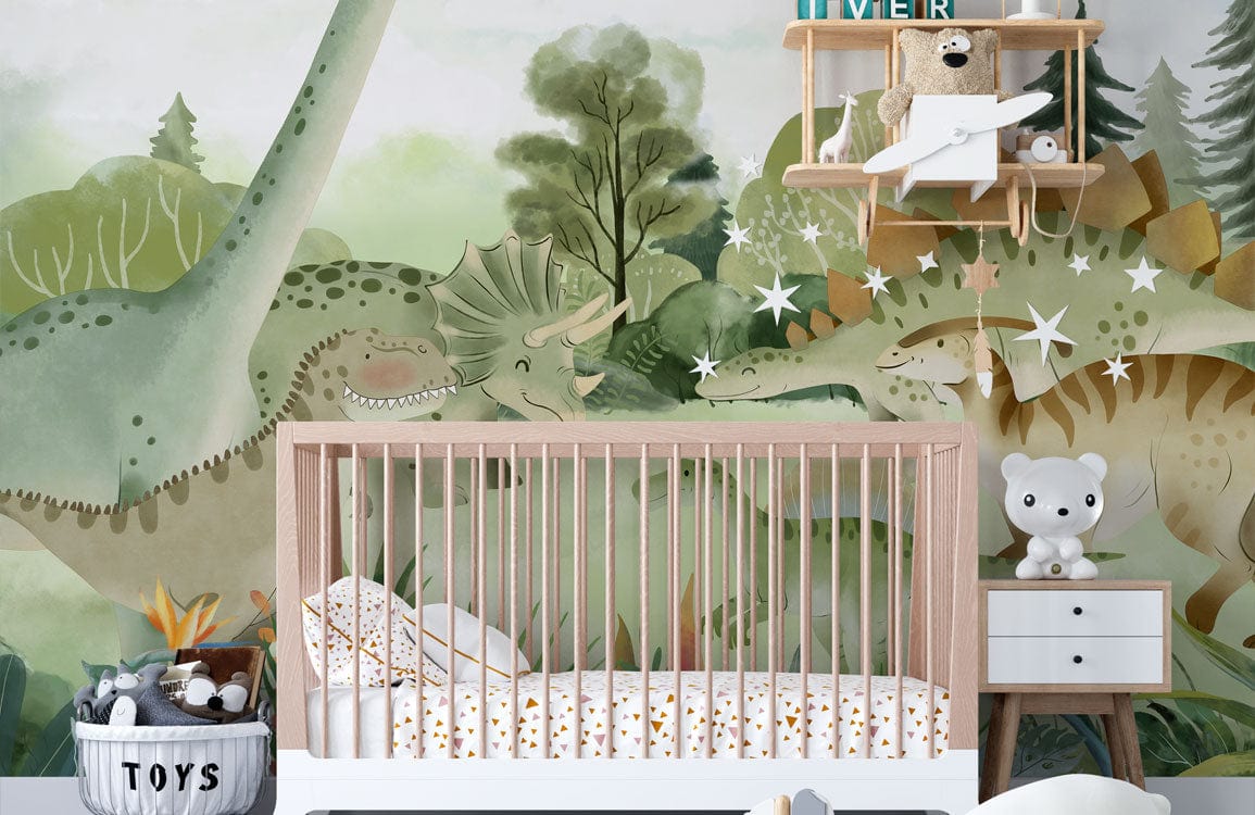 Dinosaur Adventure Mural Wallpaper in nursery with wooden cot, colourful decor, and toy storage basket.