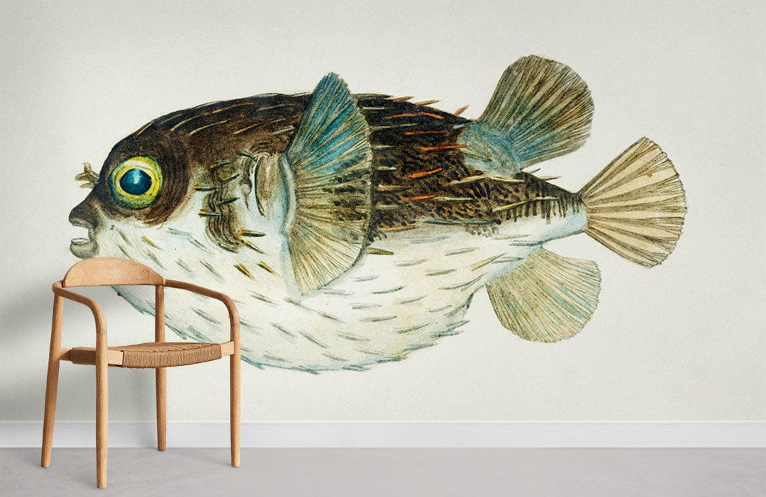 Vintage Nautical Pufferfish Wallpaper with wooden chair; soft blues, browns; contemporary room design.