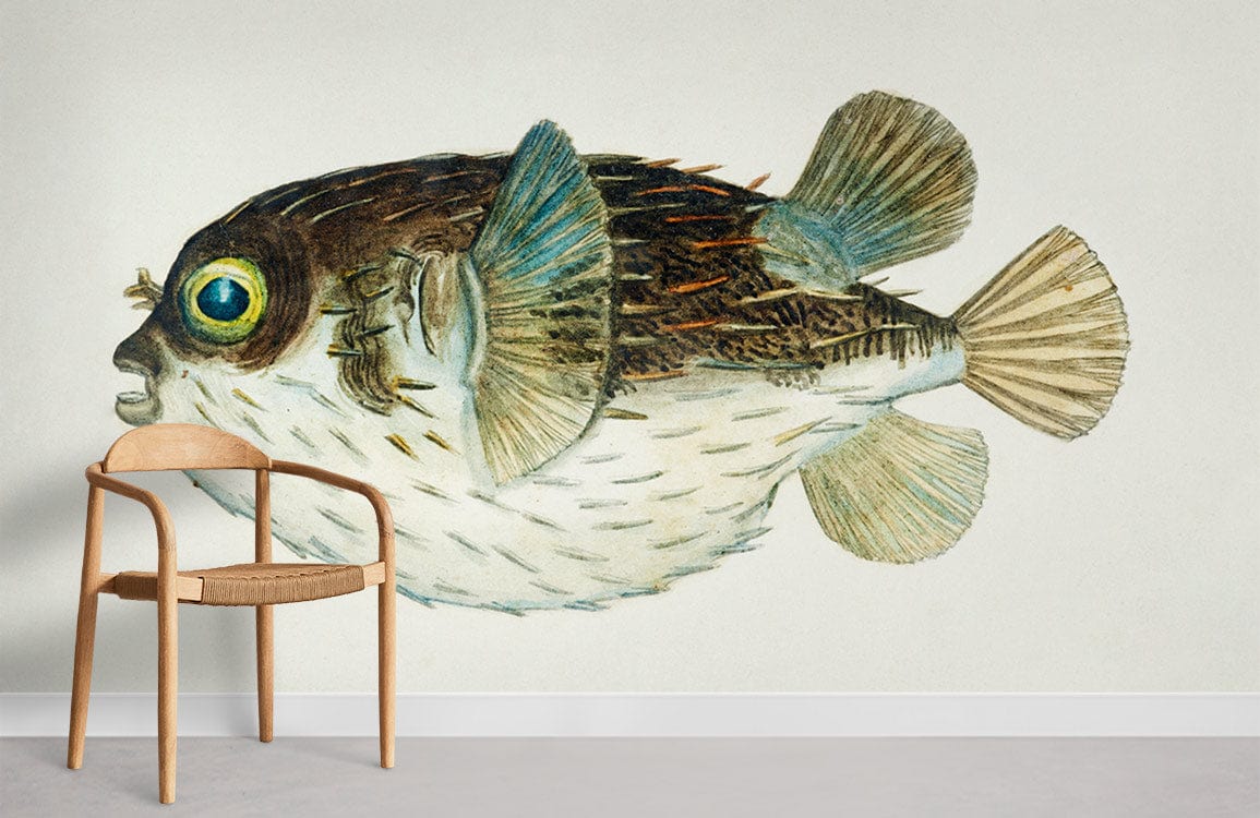 Vintage Nautical Pufferfish Wallpaper with wooden chair; soft blues, browns; contemporary room design.