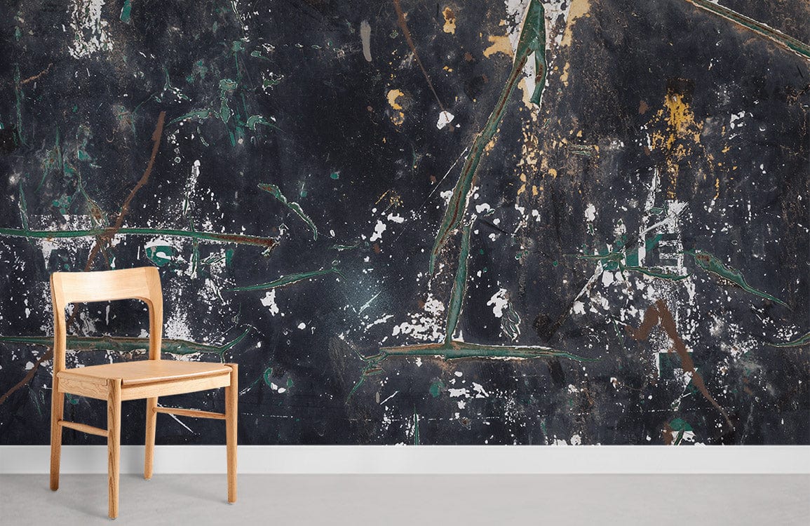 Abstract Grunge Textured Wallpaper with wooden chair, urban artistic mural, concrete flooring, modern style.