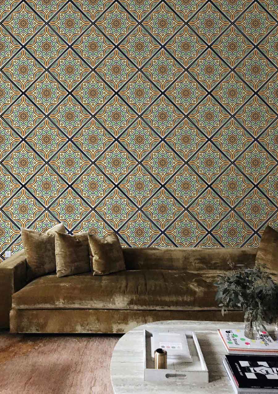 Vintage geometric tile wallpaper, warm tones, velvet sofa, beige rug, round table, cosy living room.