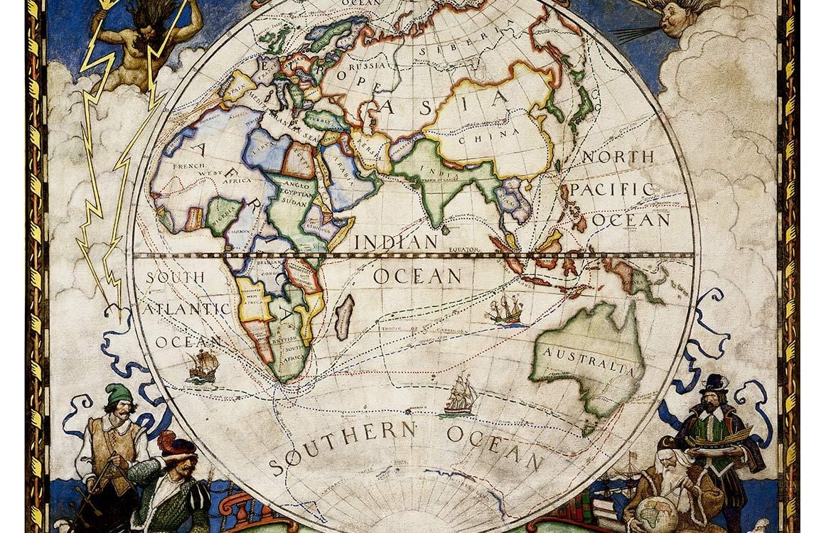 Vintage World Map Mural Wallpaper with Intricate Nautical Illustrations and Classic Colours