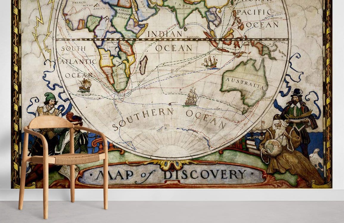 Vintage World Map Mural Wallpaper, nautical illustrations, wooden chair, grey floor, living room decor.