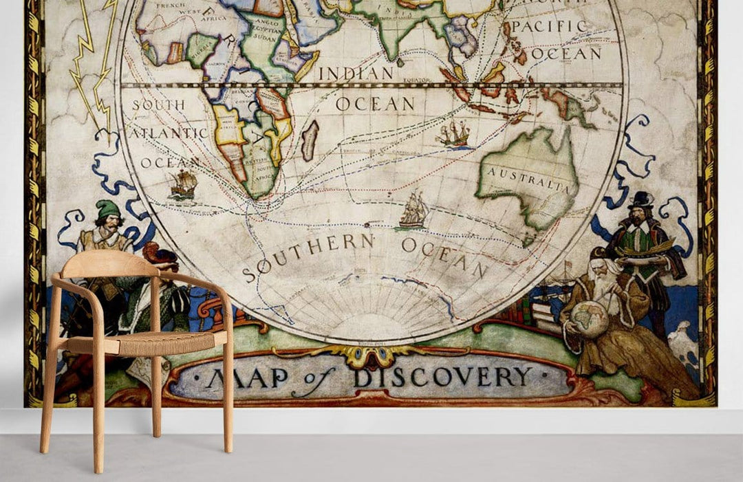 Vintage World Map Mural Wallpaper, nautical illustrations, wooden chair, grey floor, living room decor.