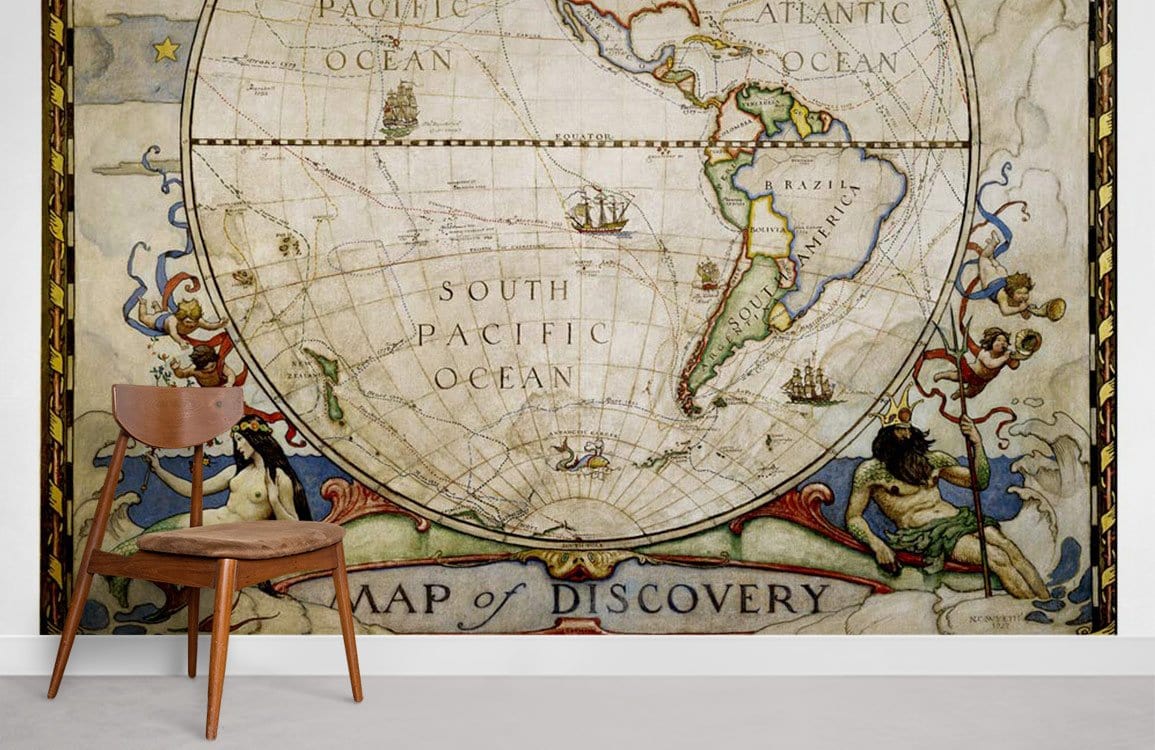 Vintage world map mural with antique nautical style decor, earthy tones, wooden chair, grey flooring.