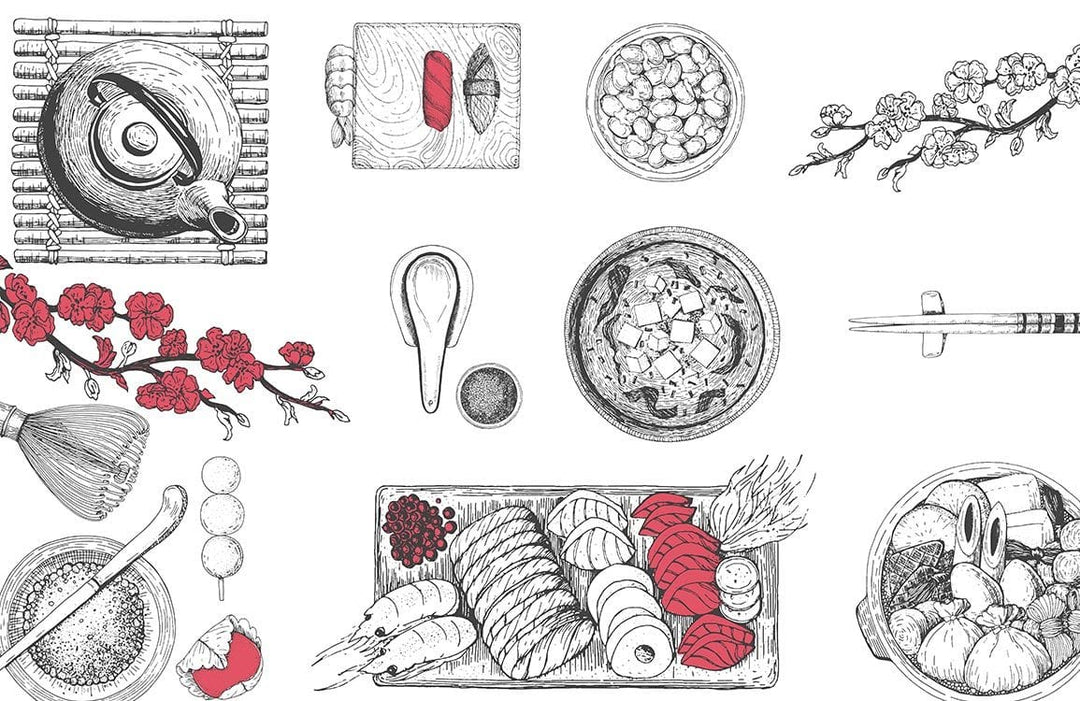 Red and Black Japanese Cuisine Sketch Mural Wallpaper with Floral Accents