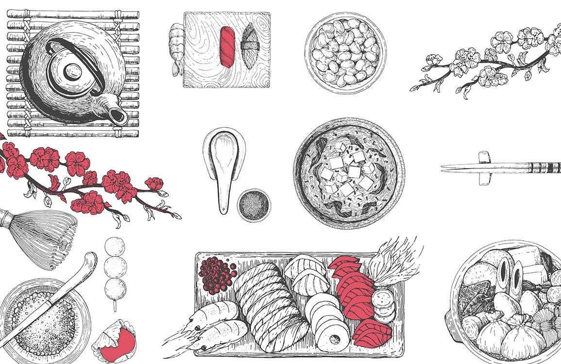 Red and Black Japanese Cuisine Sketch Mural Wallpaper with Floral Accents