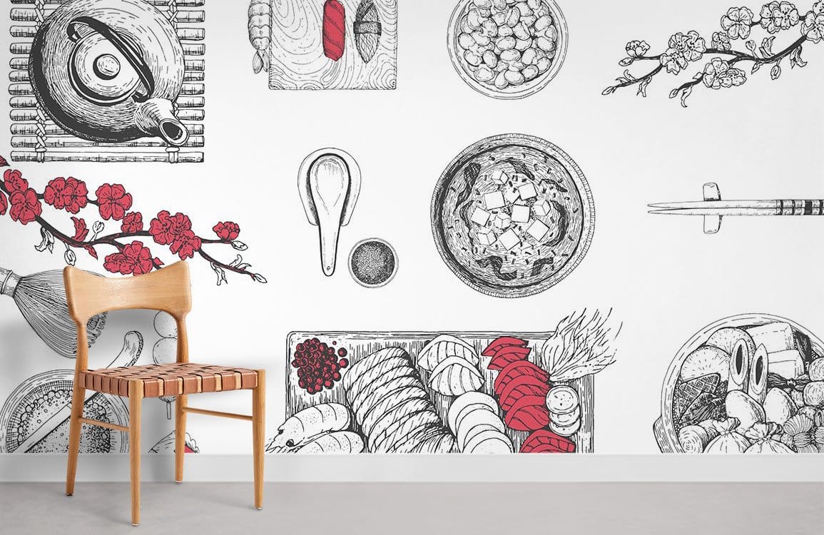 Red and Black Japanese Cuisine Sketch Mural Wallpaper with Floral Accents, wooden chair, grey flooring.