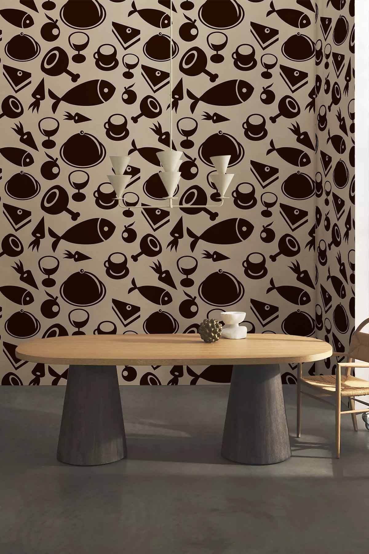 Vintage-style nautical wallpaper in brown and cream with round table and wooden chair in kitchen.