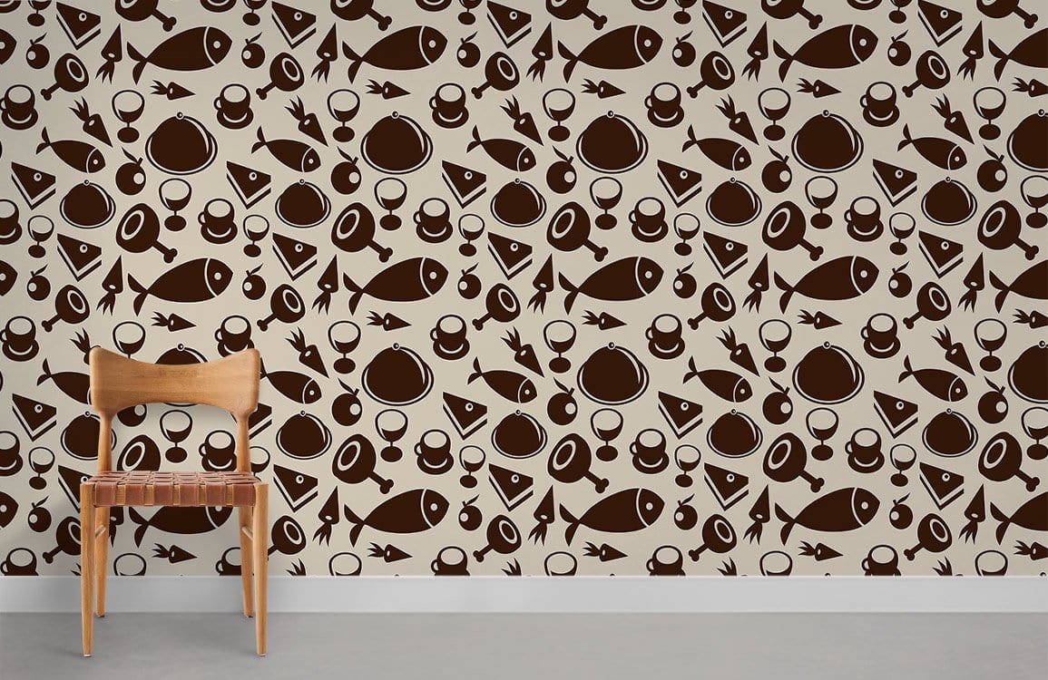 Vintage-style nautical wallpaper in brown, cream; wooden chair; minimalist kitchen; grey flooring.