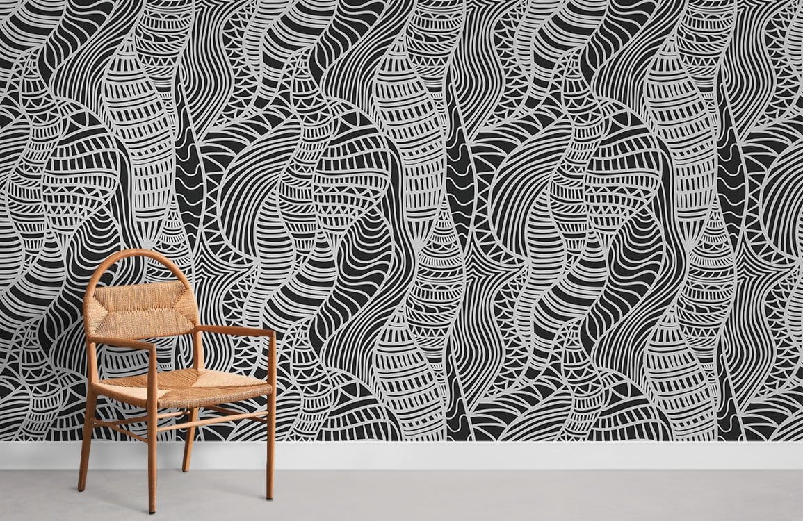 Abstract Monochrome Geometric Pattern Wallpaper, rustic chair, minimalist room, modern interior design decor.