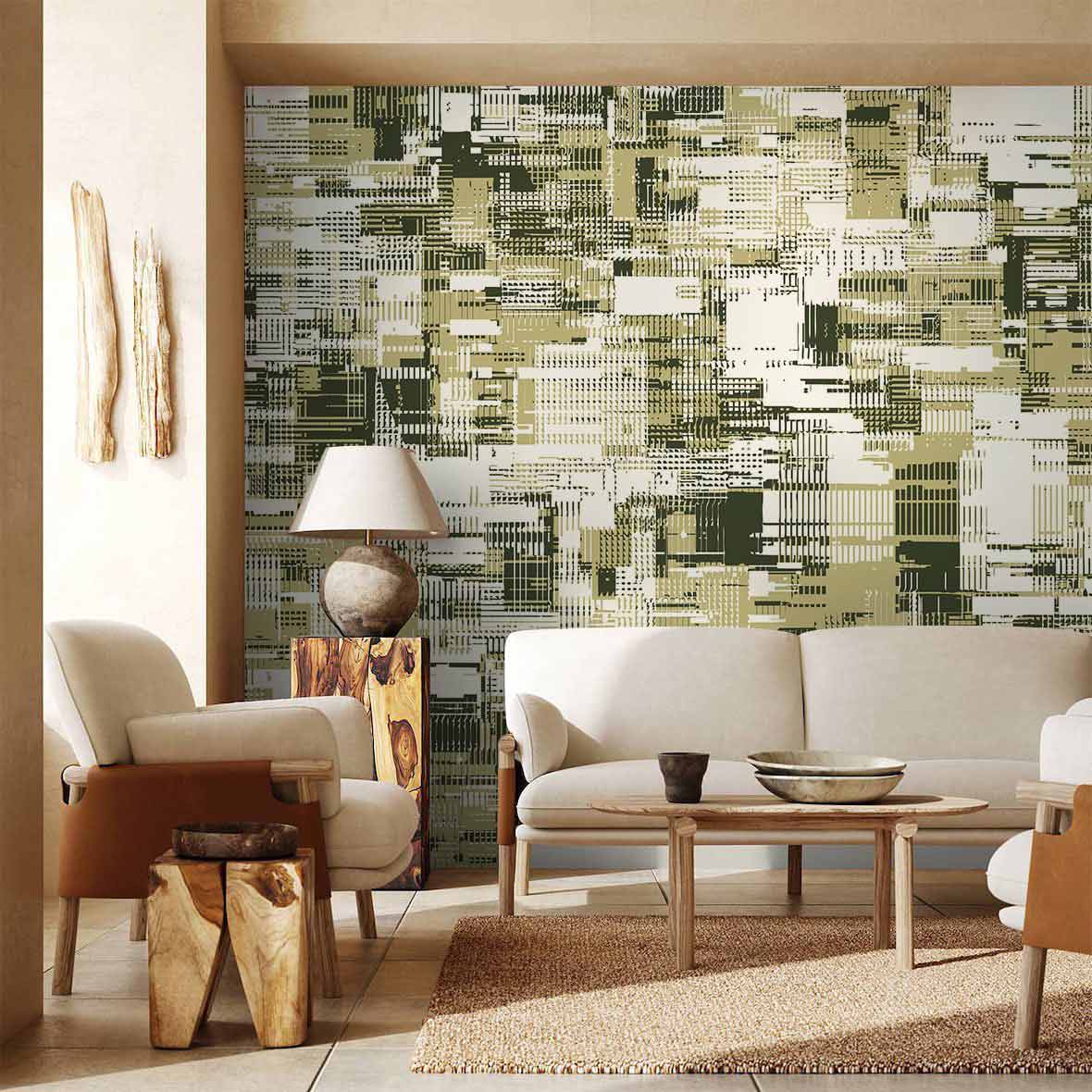 Modern geometric green pixel wallpaper with beige sofas, wooden tables, and contemporary interior design.