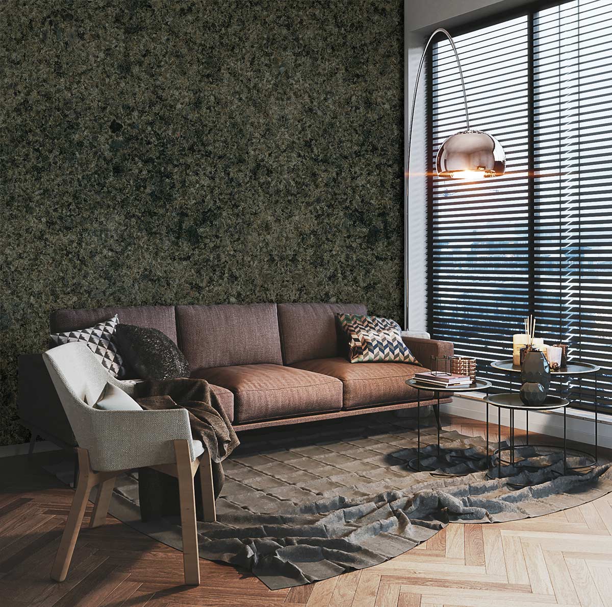 Elegant dark granite wallpaper, charcoal grey, modern living room, brown sofa, wooden flooring, chic decor.