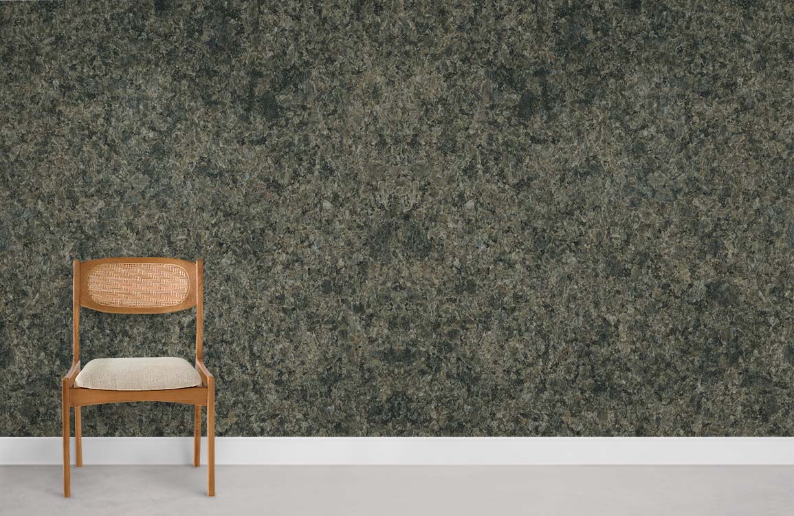 Elegant dark granite wallpaper in charcoal grey finish with wooden chair on light grey flooring.