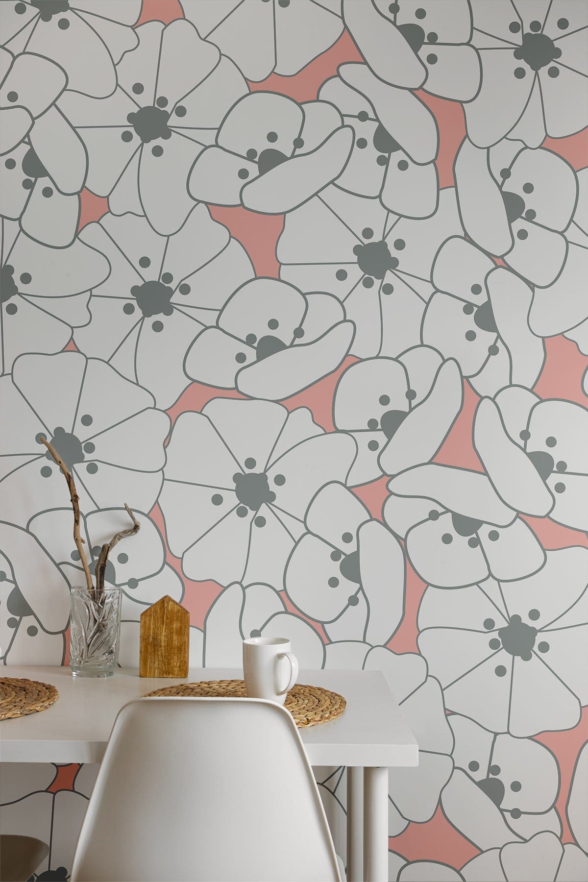 Contemporary Floral Wallpaper in Soft Coral, with White Dining Table, Minimalist Chair, Modern Room Decor.