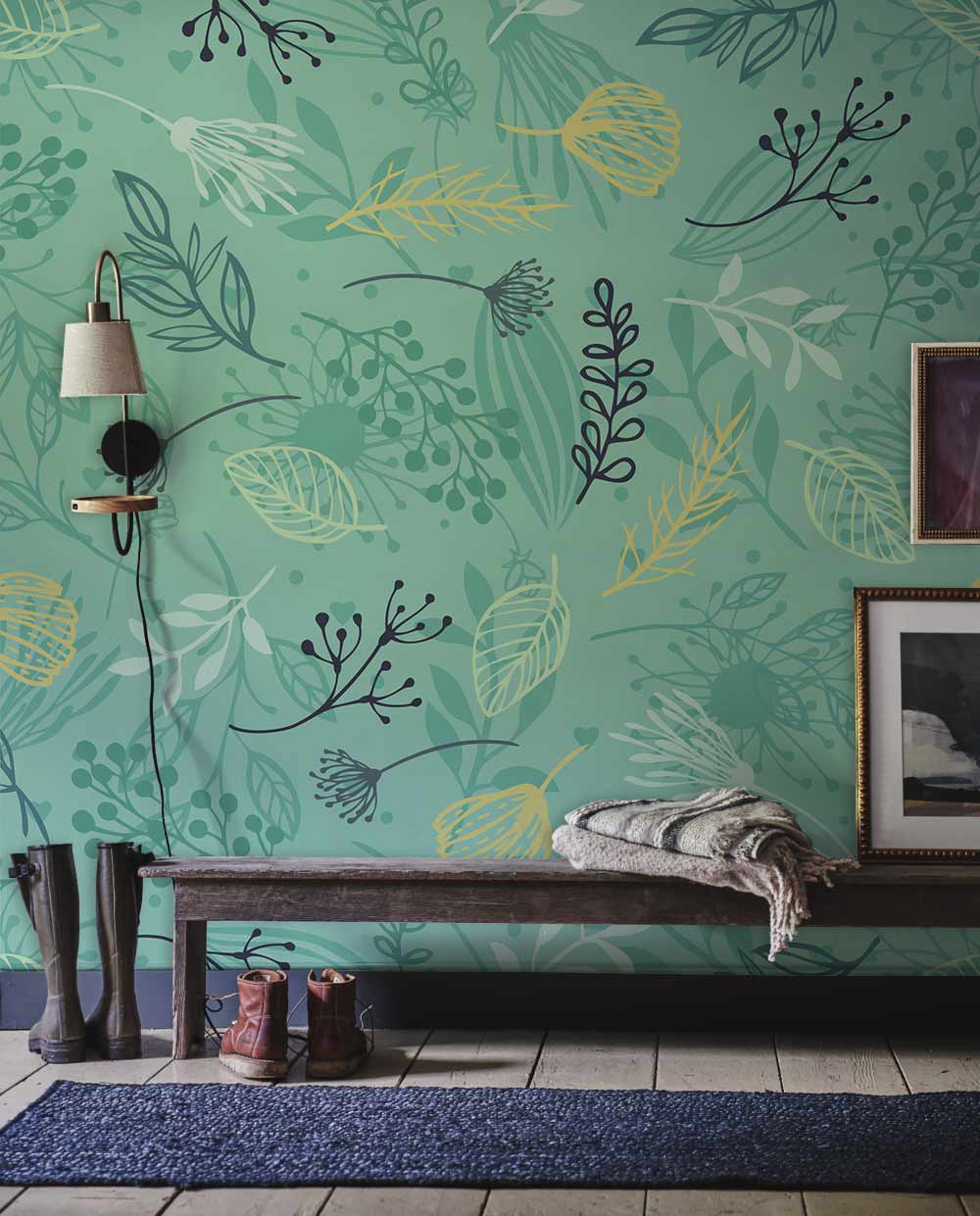 Mint Green Botanical Delight Wallpaper with bench, floor tiles, artwork, and wall lamp in hallway.