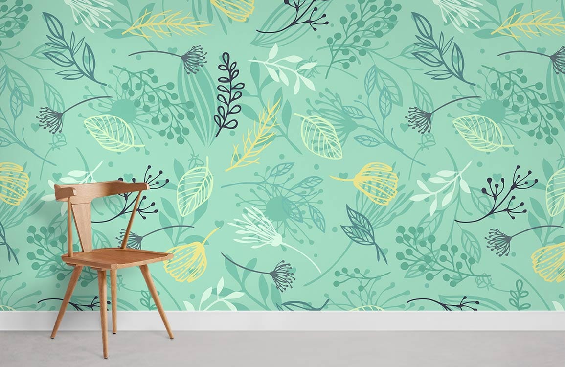 Mint green botanical wallpaper with floral leaf pattern, wooden chair, and modern grey flooring.