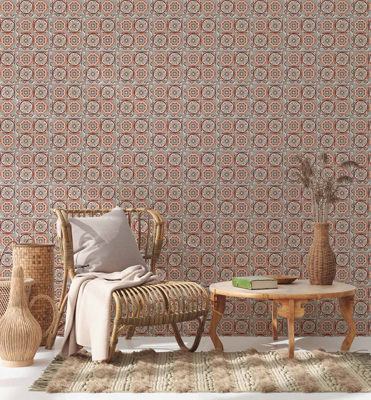 Vintage Geometric Red and Cream Pattern Wallpaper with Rattan Chair, Rug, and Vases in Living Room.