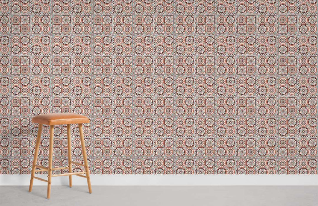 Vintage geometric red and cream wallpaper; wooden stool; interiors; retro pattern for walls.