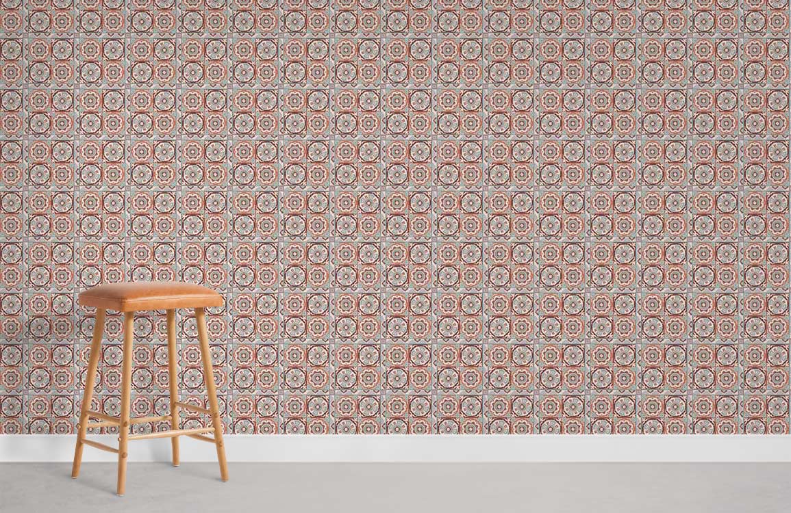 Vintage geometric red and cream wallpaper; wooden stool; interiors; retro pattern for walls.