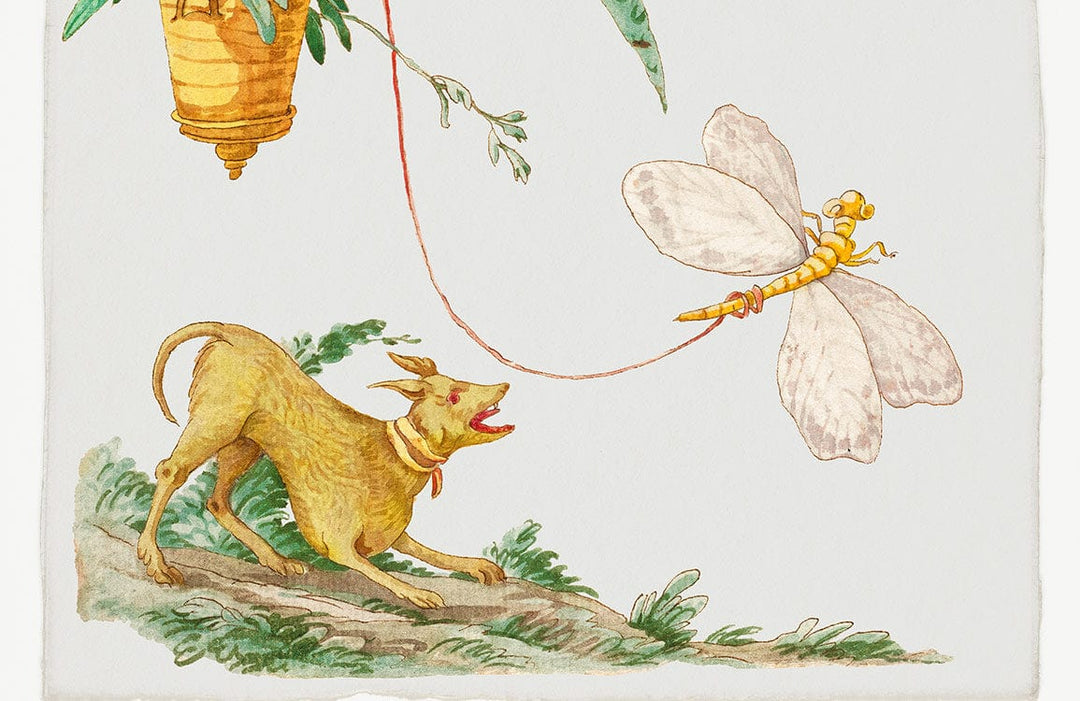Vintage Whimsical Dog and Dragonfly Mural Wallpaper in Soft Hues