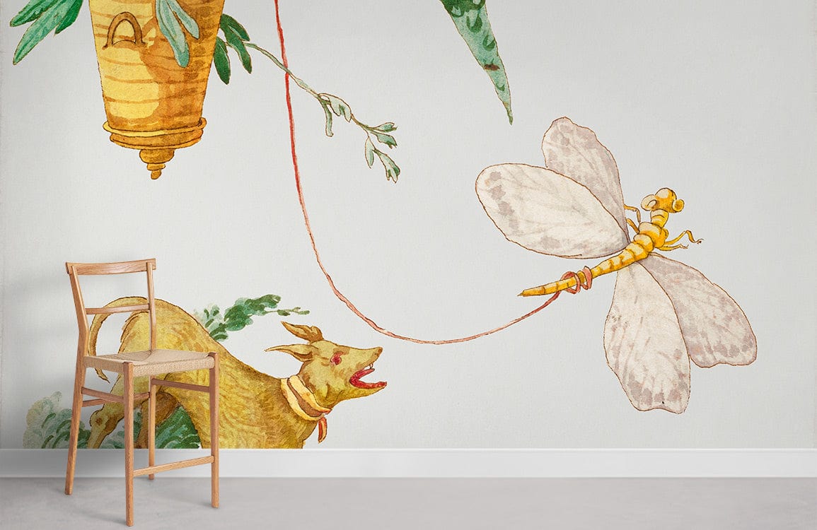 Vintage whimsical dog and dragonfly mural wallpaper with chair in minimalist room with grey flooring.