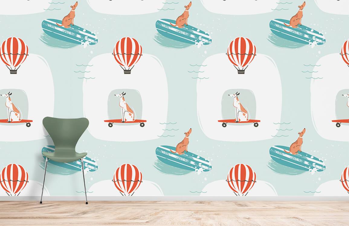 Whimsical Sky Adventure wallpaper featuring Australian animals; soft teal, modern chair, wooden flooring.