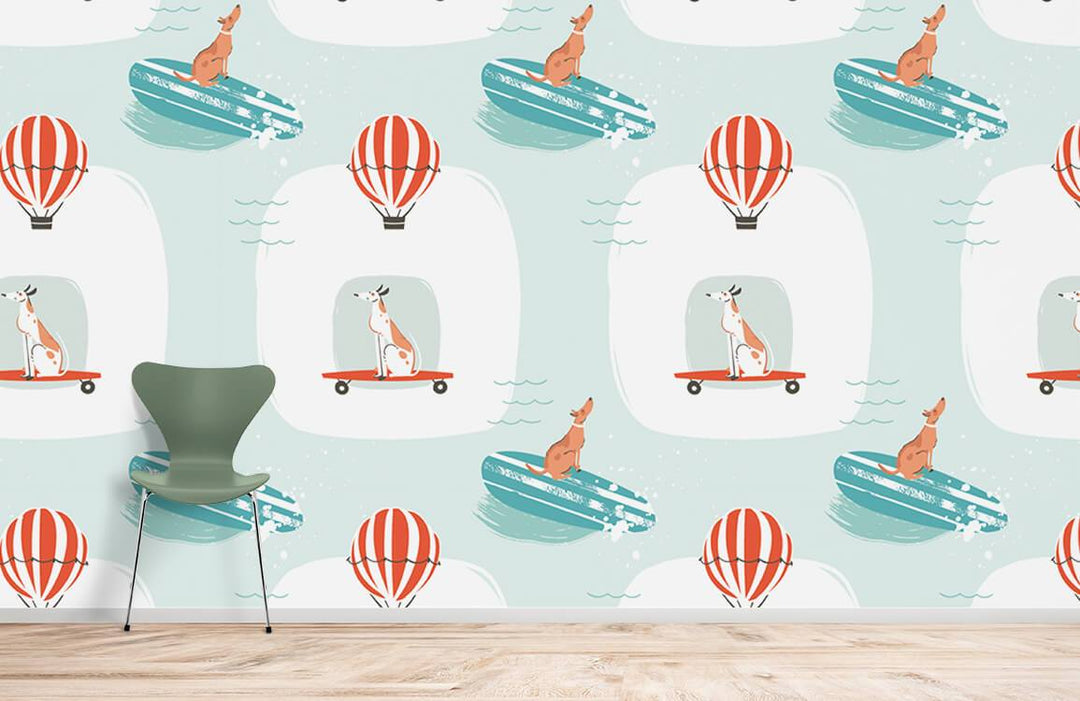 Whimsical Sky Adventure wallpaper featuring Australian animals; soft teal, modern chair, wooden flooring.