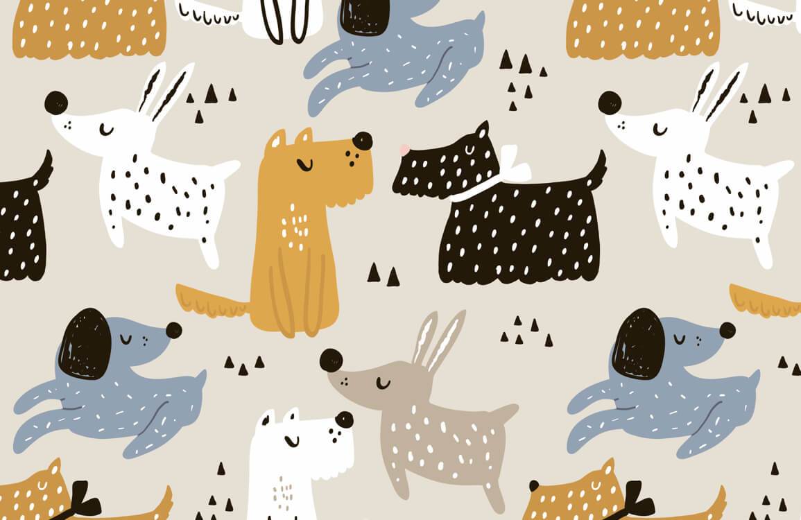 Whimsical Canine Parade Wallpaper in Earthy Tones for Kids' Rooms