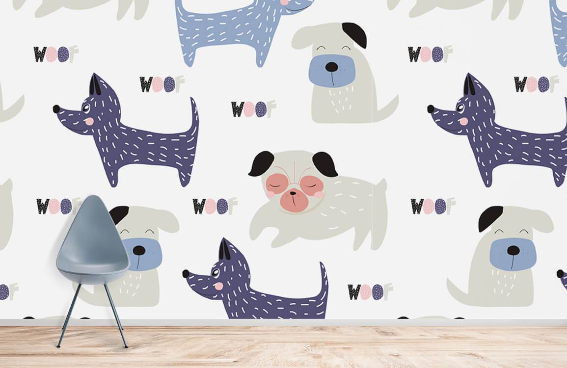 Playful pastel canine wallpaper decor, light wood flooring, grey modern chair; stylish kids' room design.