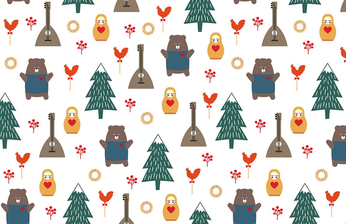 Charming Forest Folk Theme Wallpaper: Playful Bears, Trees, and Red Accents